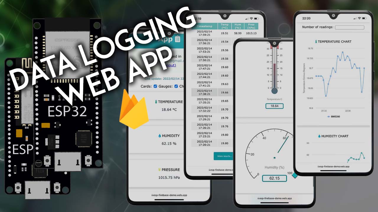 ESP32 ESP8266 NodeMCU Firebase Data Logging Web App with Gauges Charts and Table