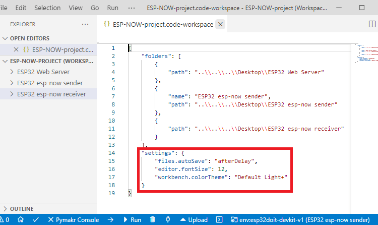 VS Code New workspace settings ESP32 ESP8266