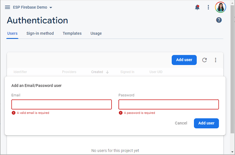 Firebase Authentication Add User with Email and Password