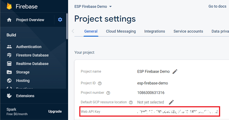 Firebase Project Settings Web API Key