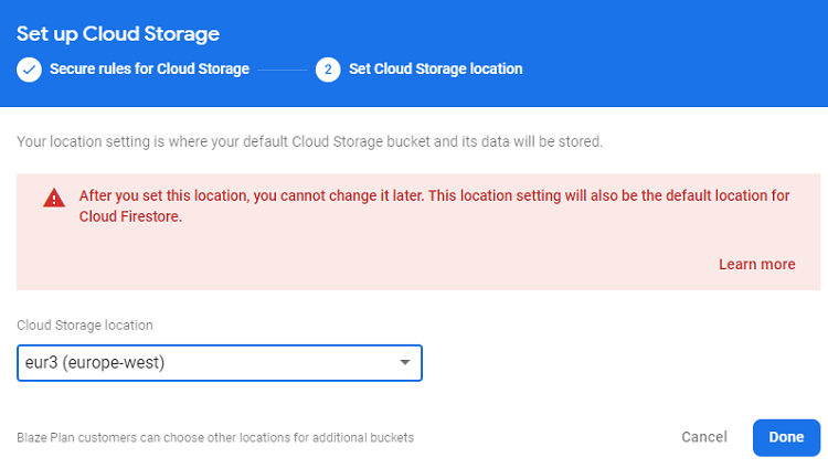Firebase Creating Storage Bucket Set Location