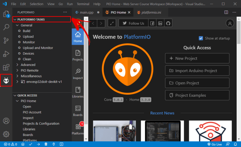 PlatformIO IDE extension Tasks menu