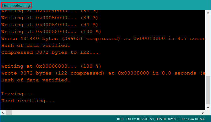 Arduino IDE done uploading ESP32 WiFiScan sketch
