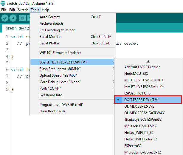 Arduino IDE select the ESP32 board in Tools menu